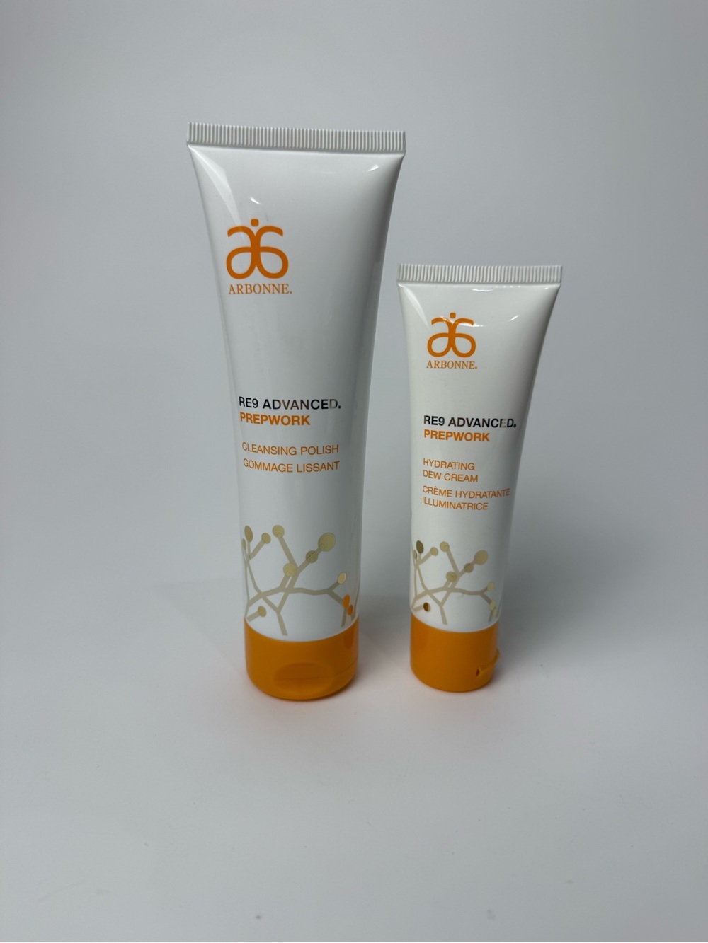 Arbonne RE9 Advanced Prepwork Cleansing Polish & Hydrating Dew Cream Lot New